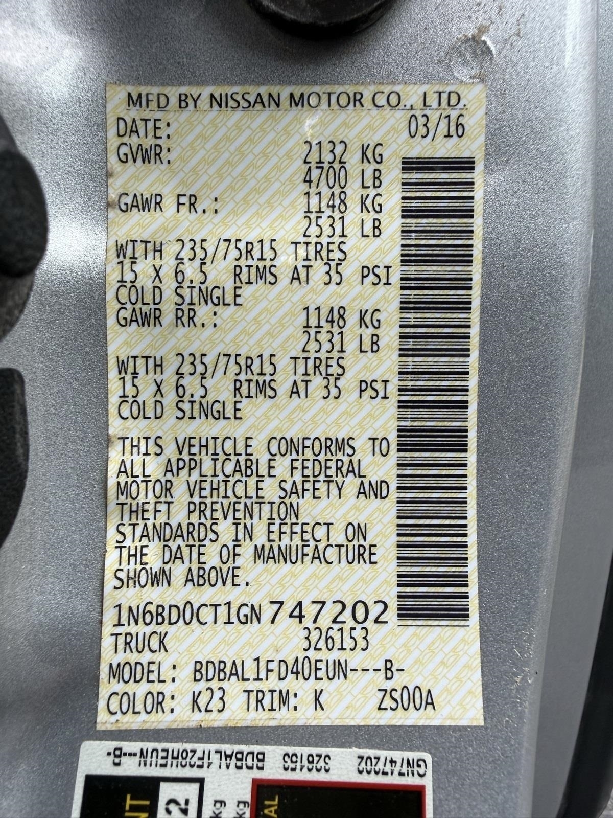 Nissan Frontier S King Cab I4 5MT 2WD 2016