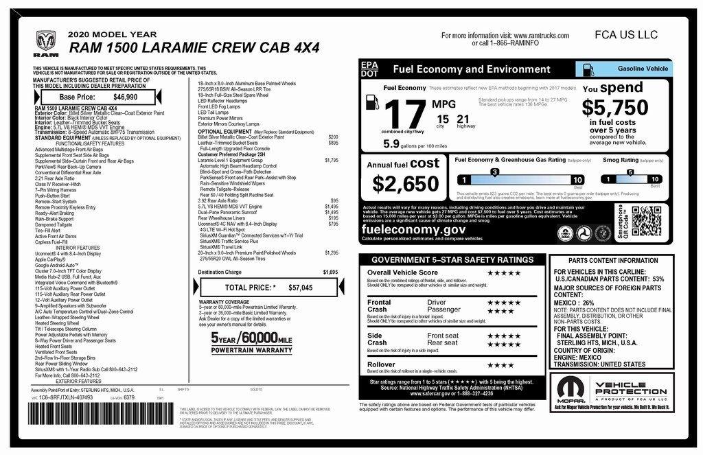 RAM 1500 Laramie Crew Cab SWB 4WD 2020