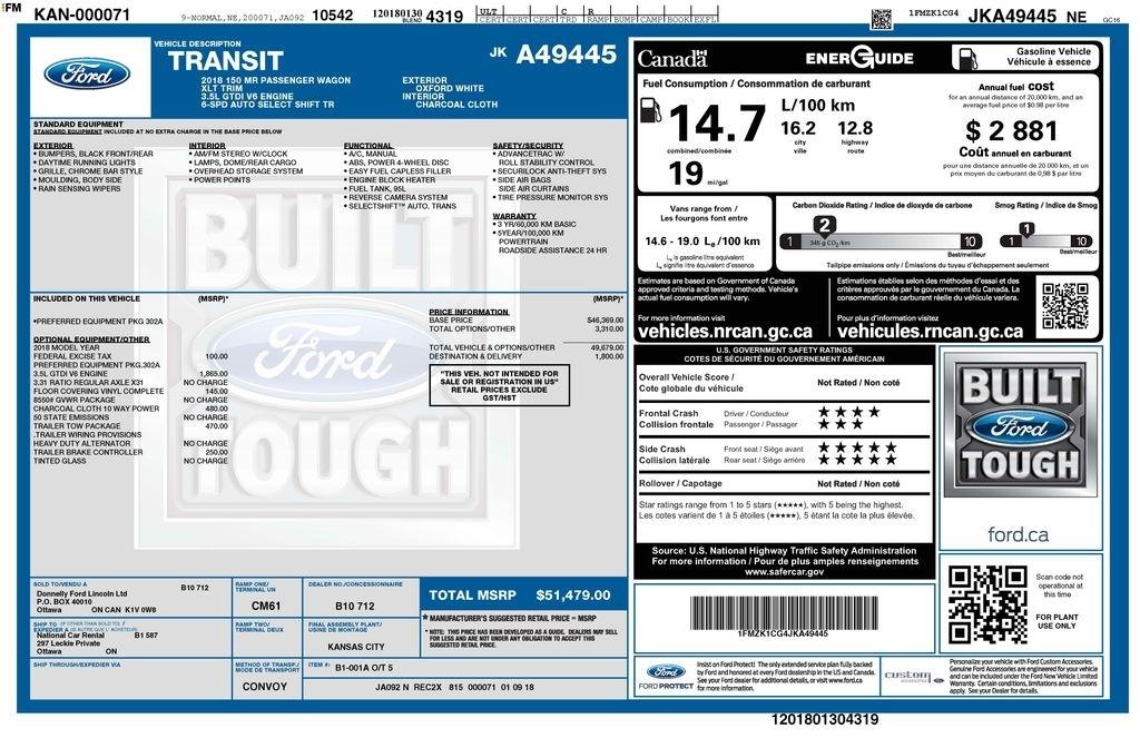 Ford Transit 150 Wagon Med. Roof XLT w/Sliding Pass. 130-in. WB 2018