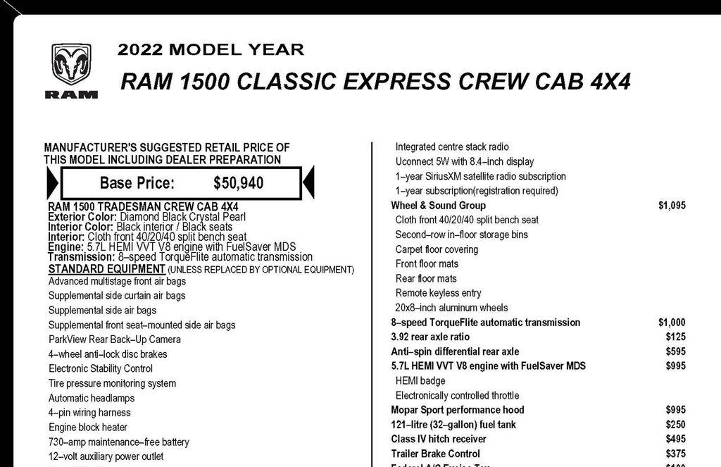 RAM 1500 Classic Tradesman Crew Cab SWB 4WD 2022