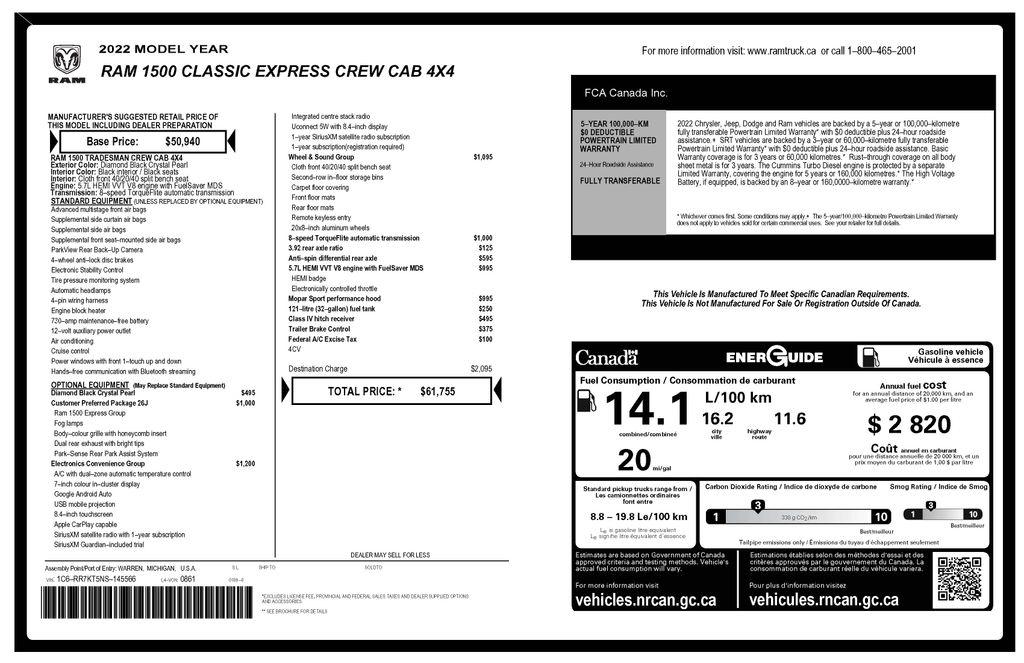 RAM 1500 Classic Tradesman Crew Cab SWB 4WD 2022