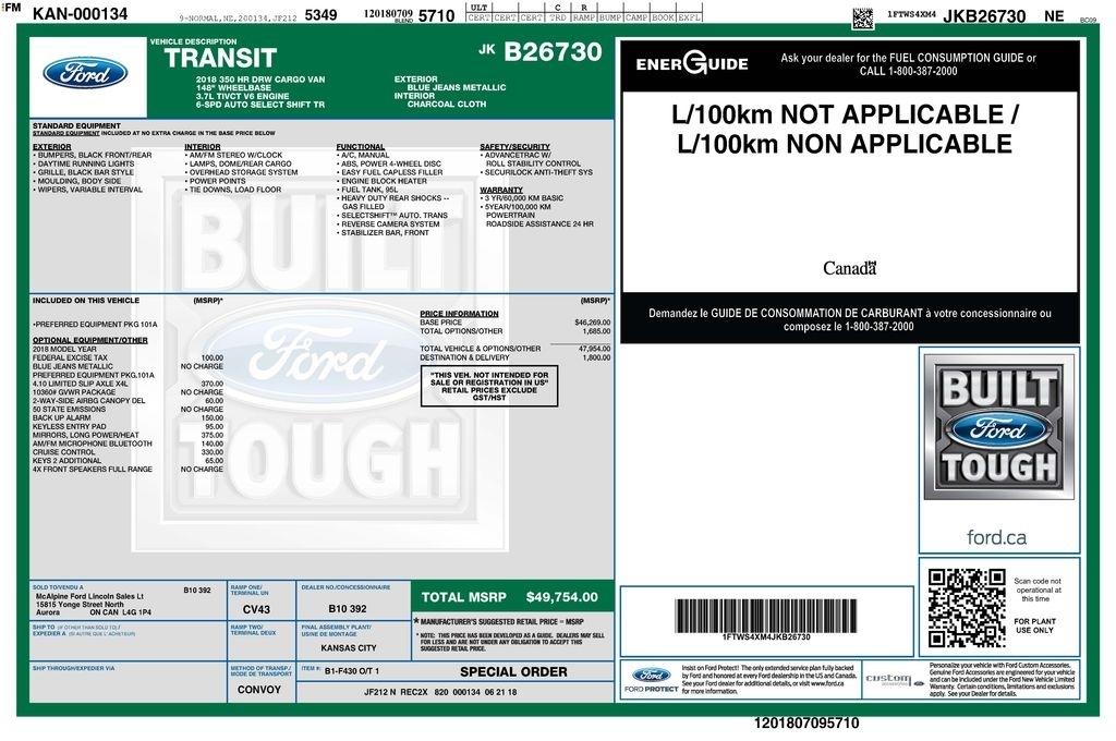 Ford Transit 350 Van HD High Roof 10360lb GVWR Pass. Slide EL 2018