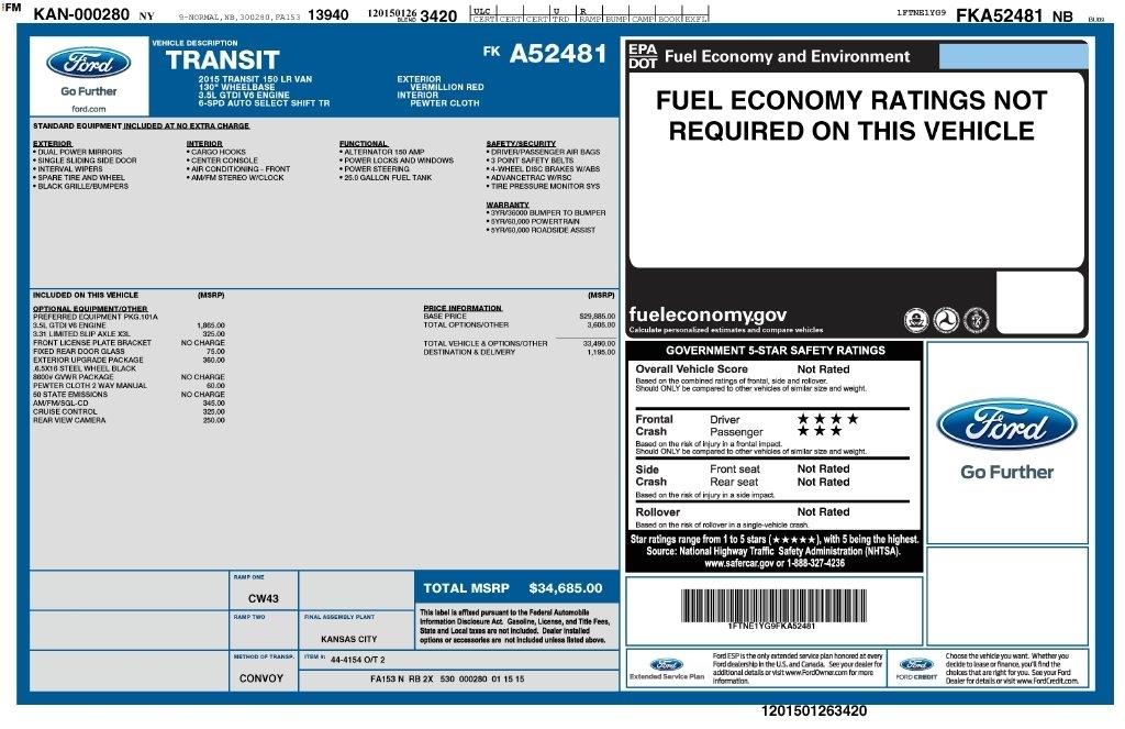 Ford Transit 150 Van Low Roof w/Sliding Pass. 130-in. WB 2015