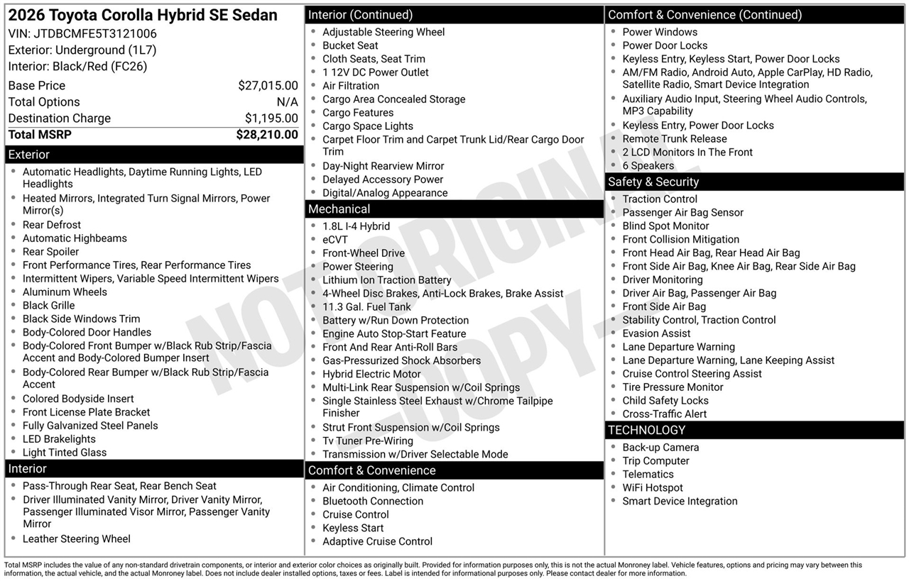 Toyota Corolla Hybrid LE 2026