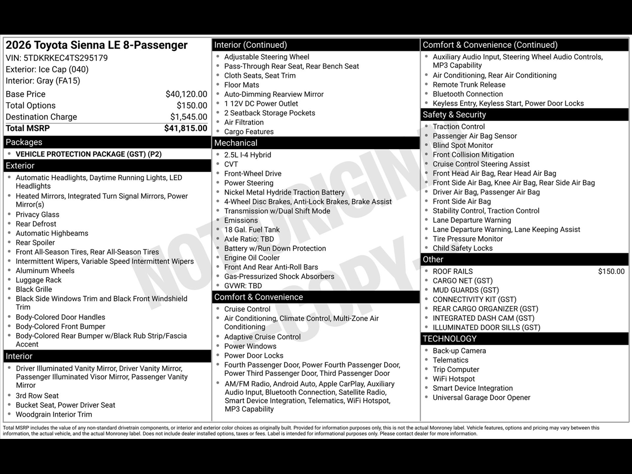 Toyota Sienna LE 8-Passenger 2026