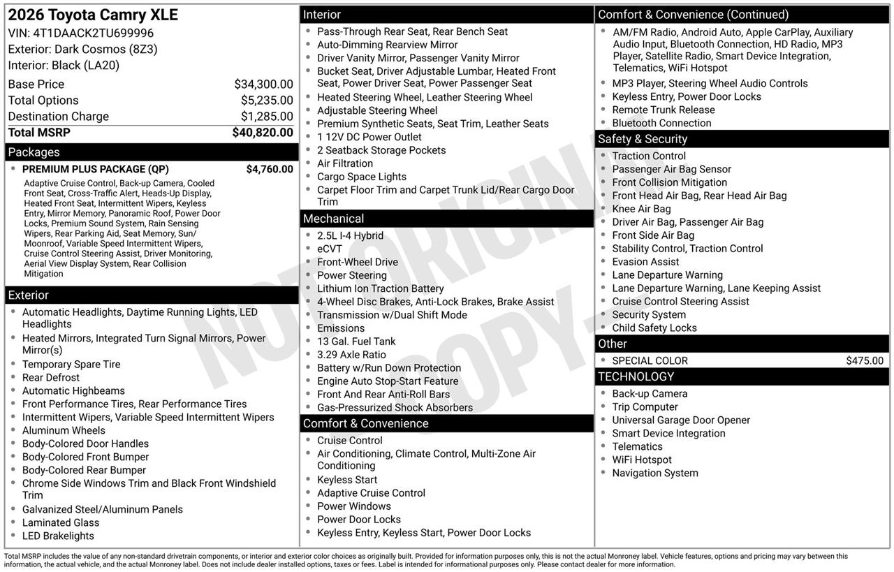 Toyota Camry Hybrid XLE 2026