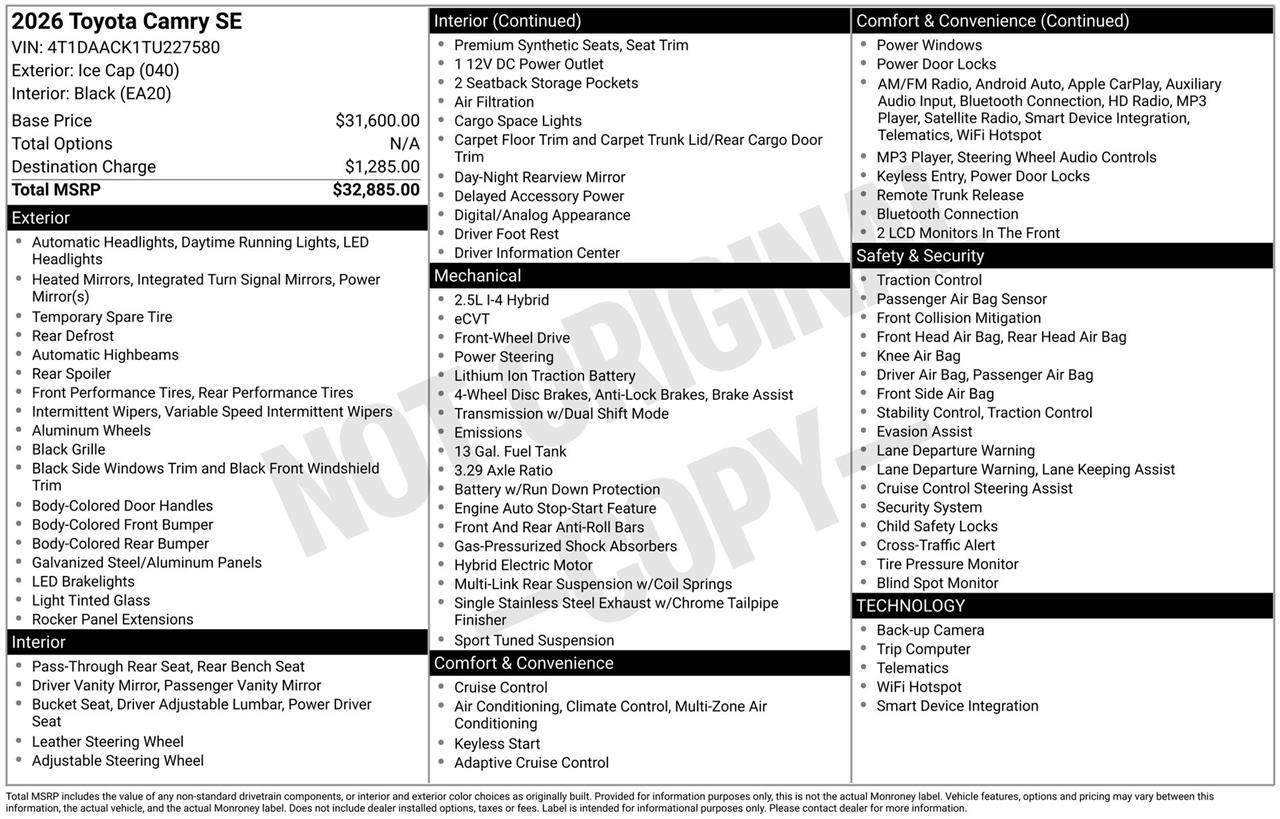 Toyota Camry Hybrid XLE 2026