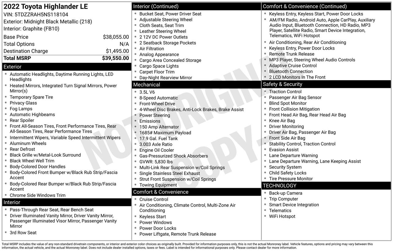 Toyota Highlander LE FWD V6 2022