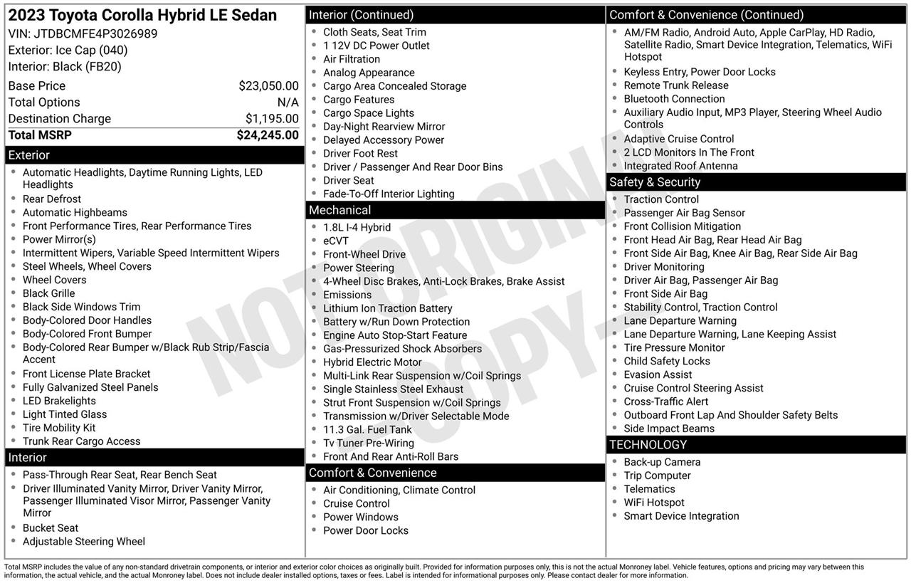 Toyota Corolla Hybrid LE 2023
