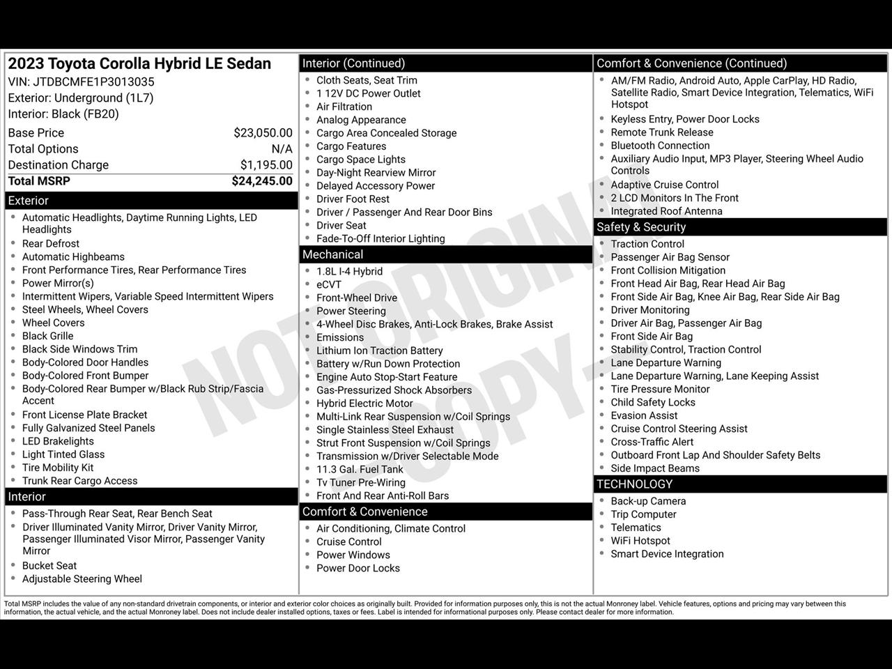 Toyota Corolla Hybrid LE 2023