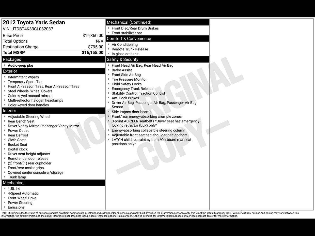 Toyota Yaris Sedan 5-Speed MT 2012