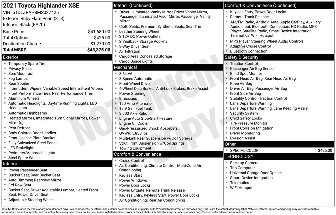 Toyota Highlander XSE FWD V6 2021