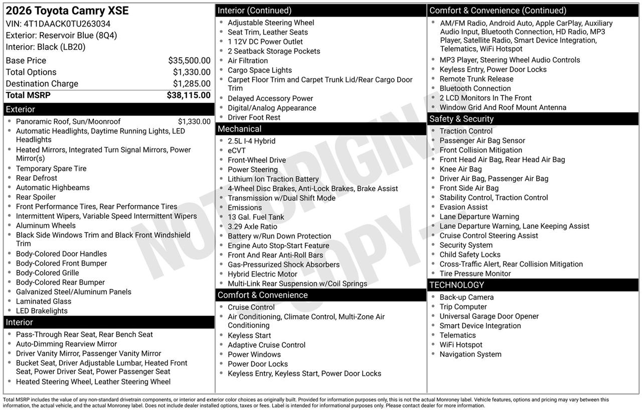 Toyota Camry Hybrid XLE 2026