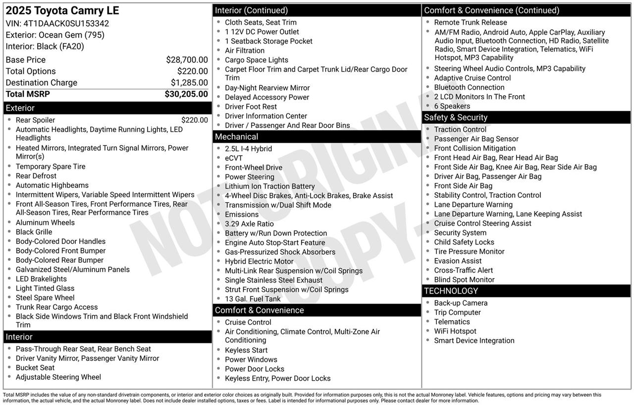 Toyota Camry Hybrid XLE 2025