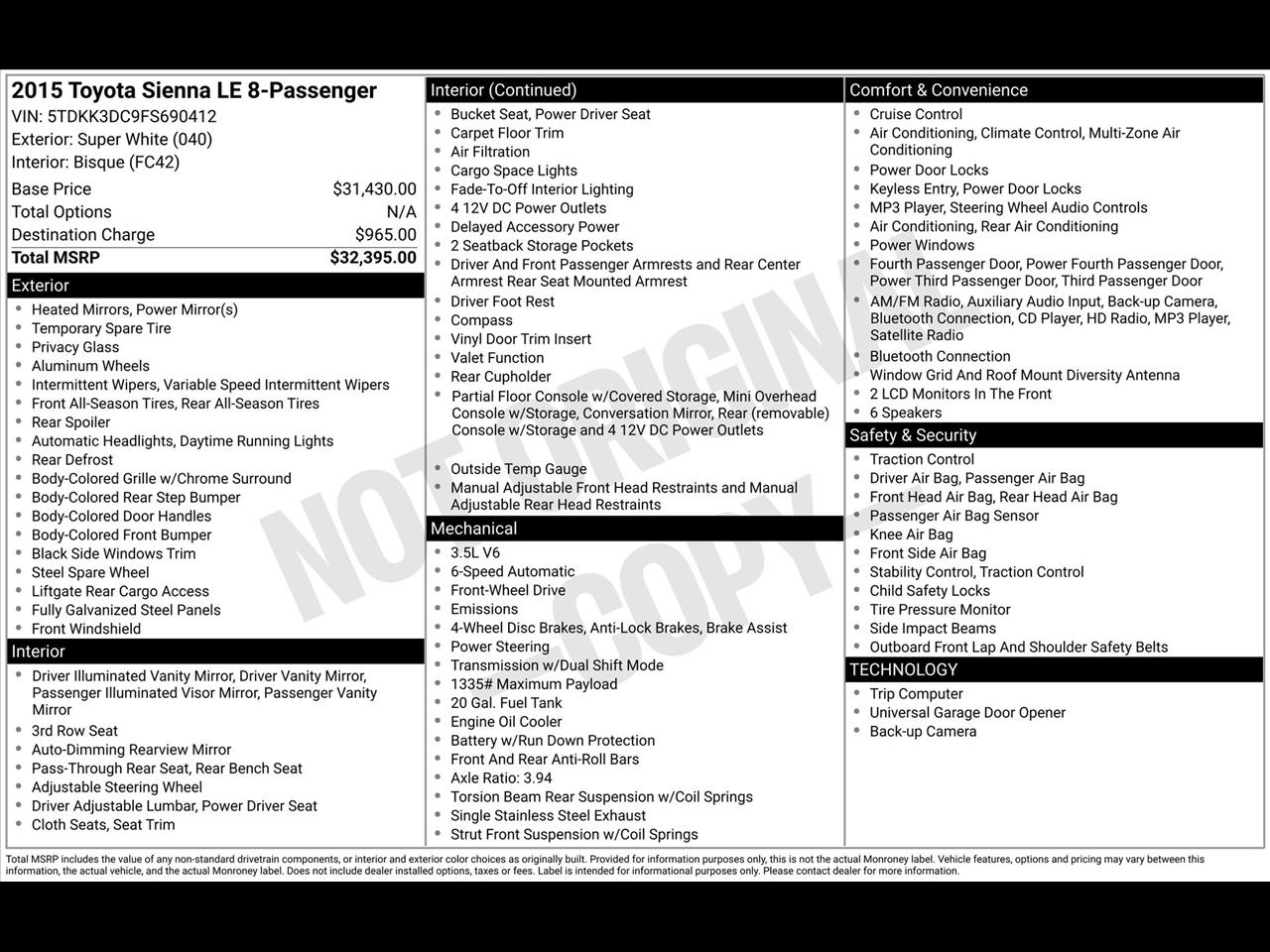 Toyota Sienna LE FWD 8-Passenger V6 2015