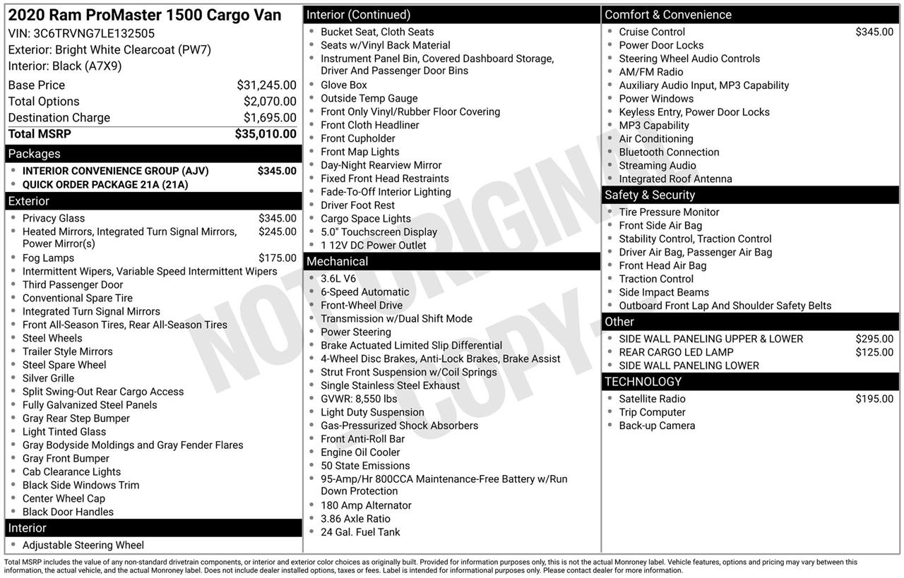 RAM Promaster 1500 Low Roof 118-in. WB 2020