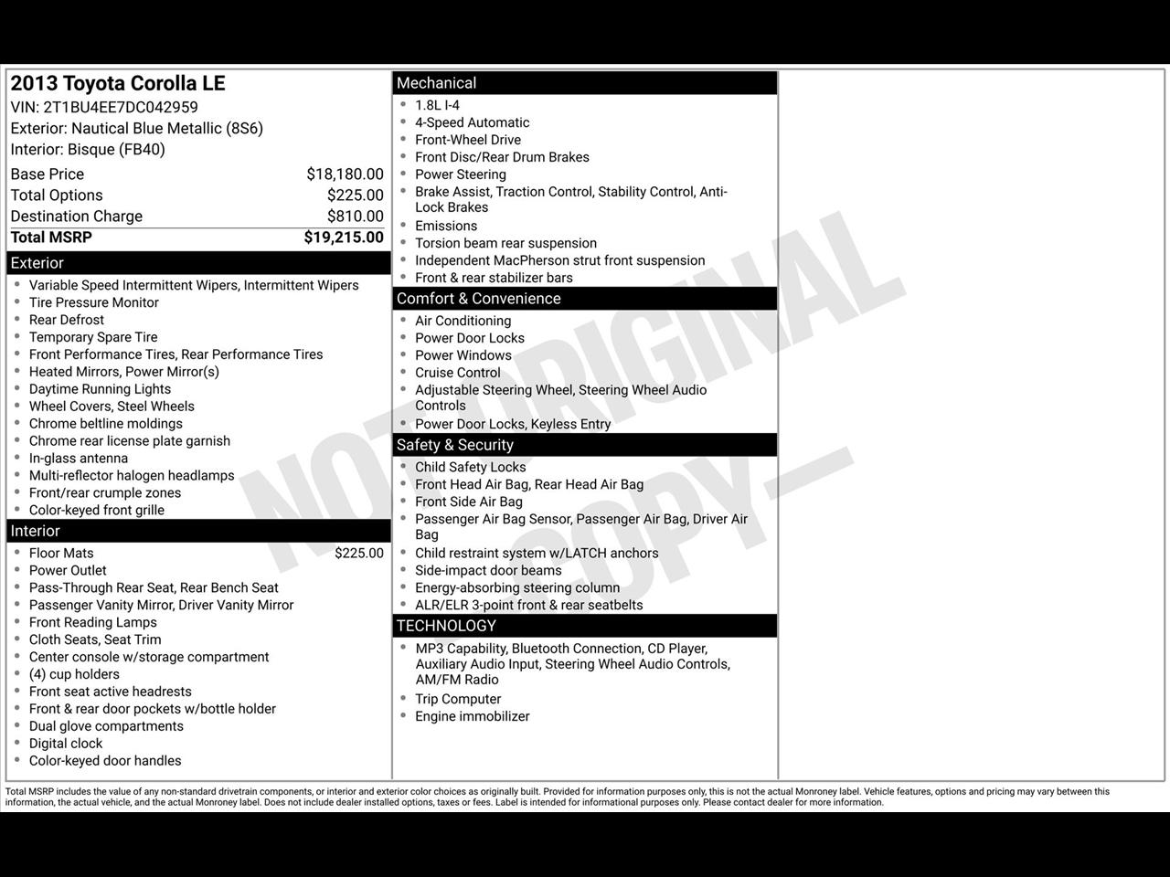 Toyota Corolla LE 4-Speed AT 2013