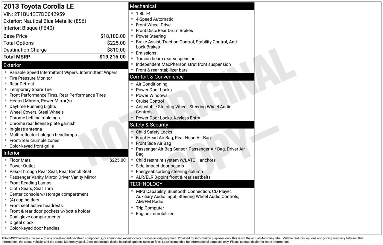Toyota Corolla LE 4-Speed AT 2013