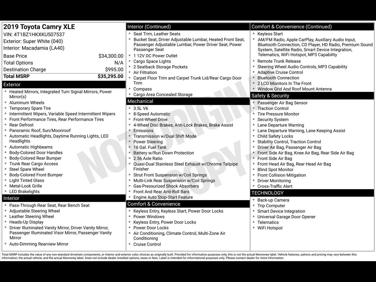 Toyota Camry XLE V6 2019