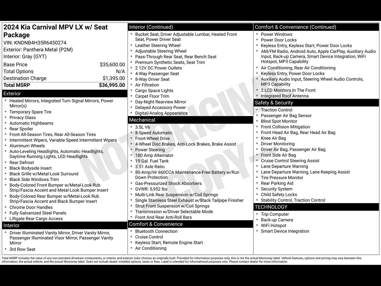 Kia Carnival LX Seat Package 2024