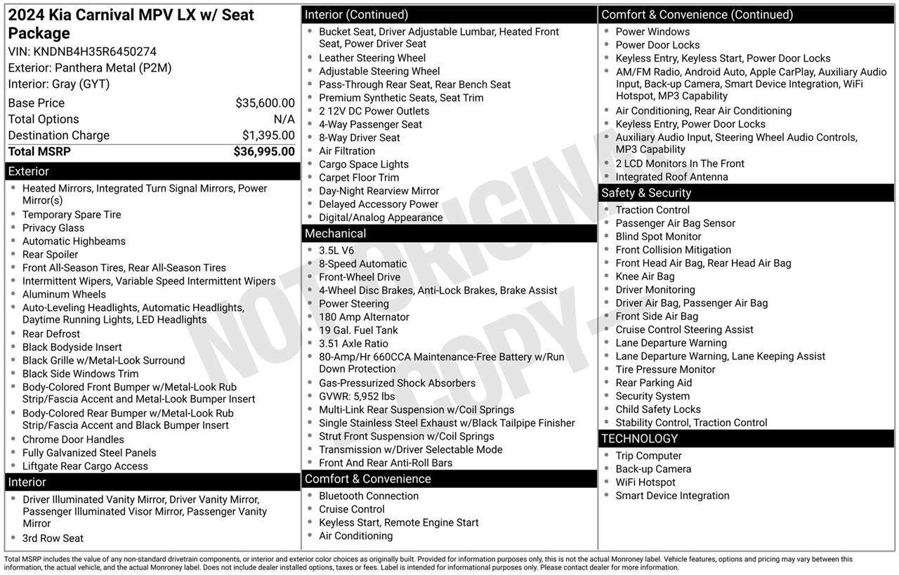 Kia Carnival LX Seat Package 2024