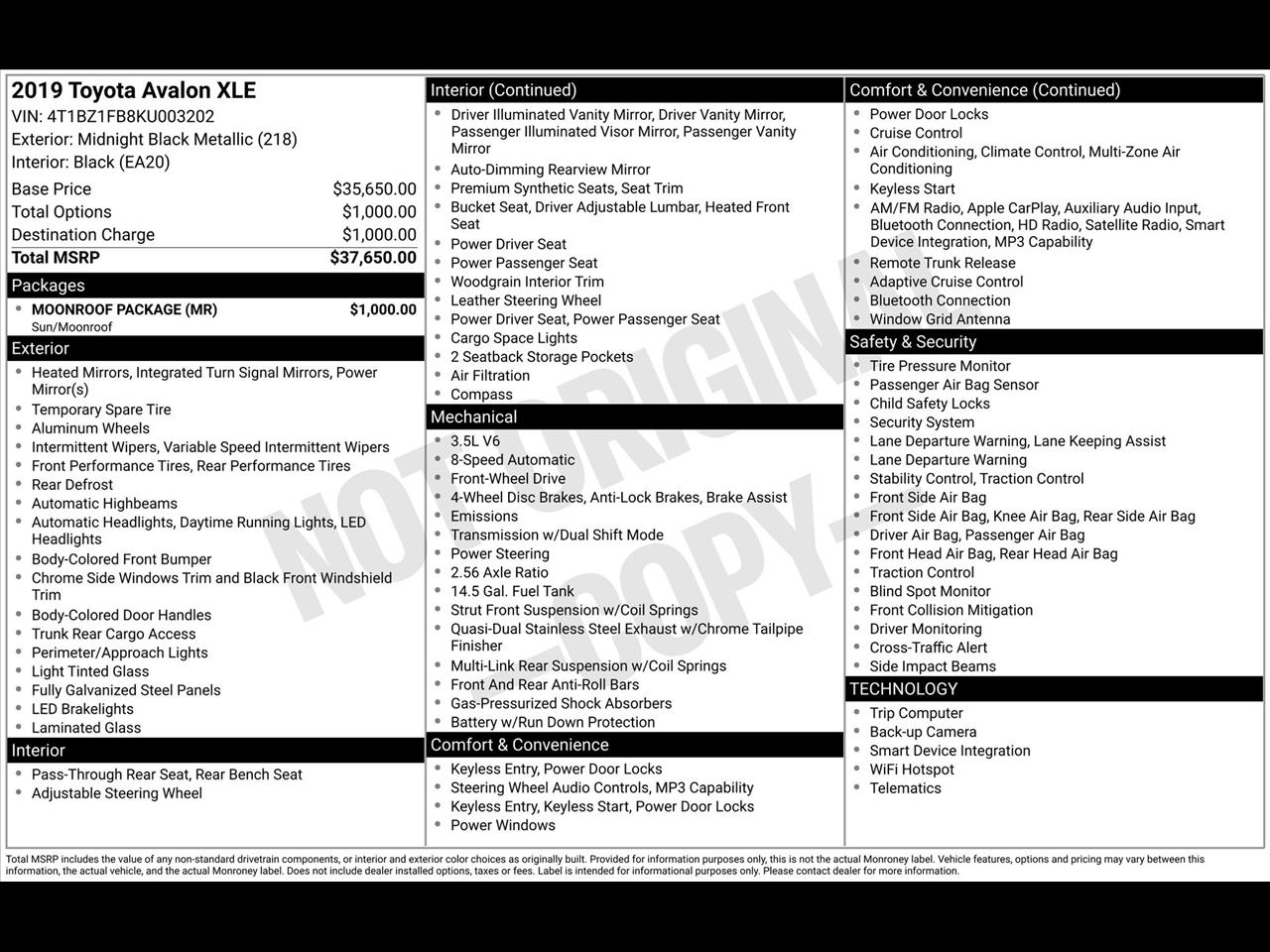 Toyota Avalon XLE 2019