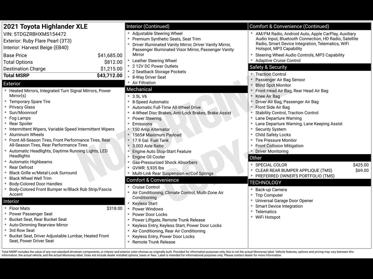 Toyota Highlander XLE AWD V6 2021