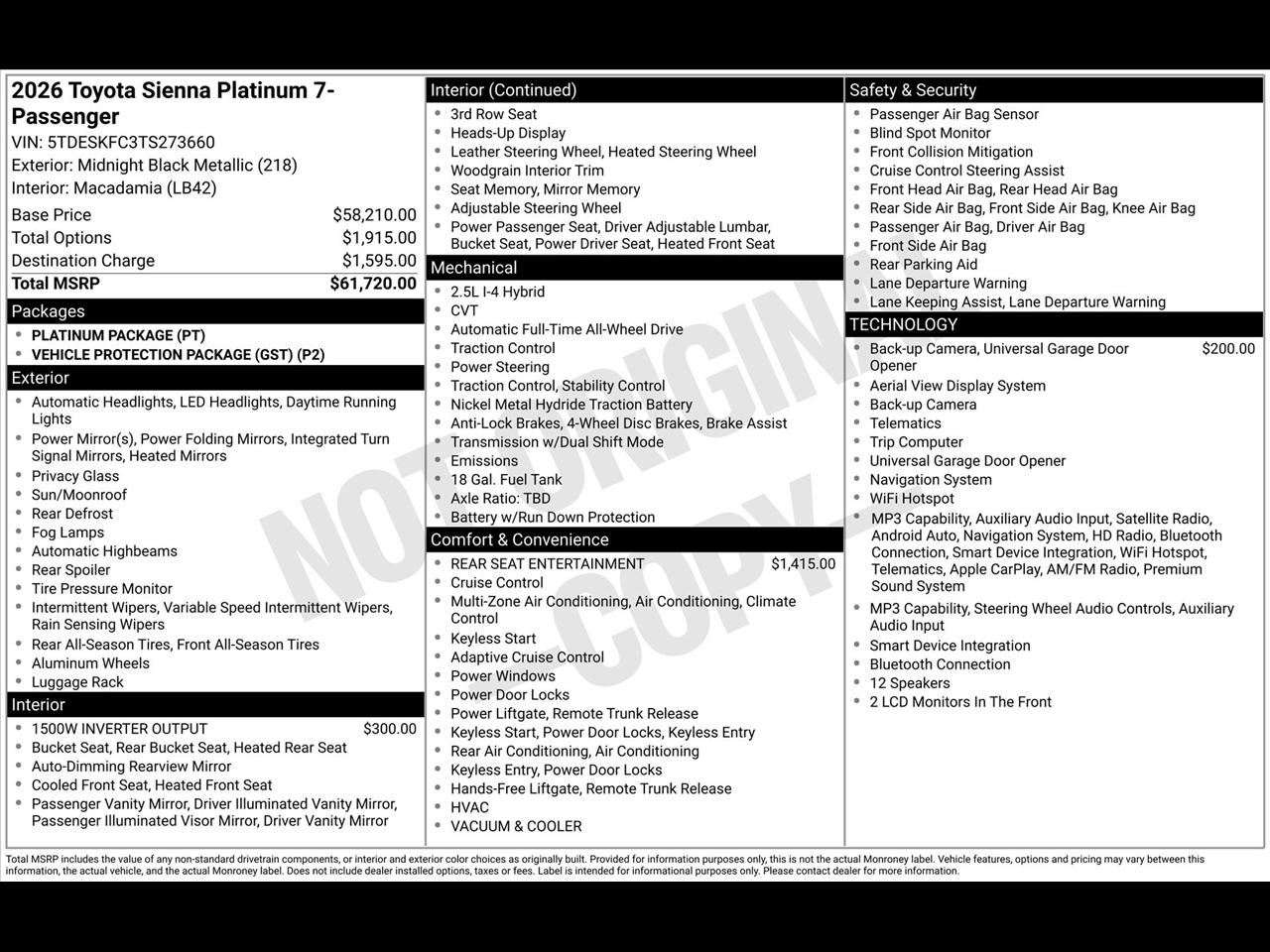 Toyota Sienna Platinum 7-Passenger AWD 2026