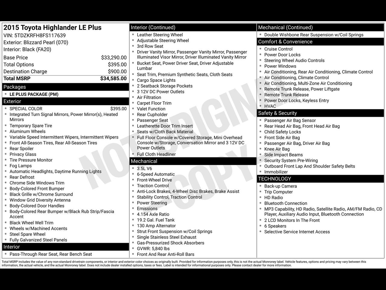 Toyota Highlander LE FWD V6 2015