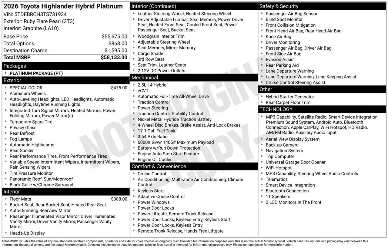 Toyota Highlander Hybrid Platinum AWD 2026