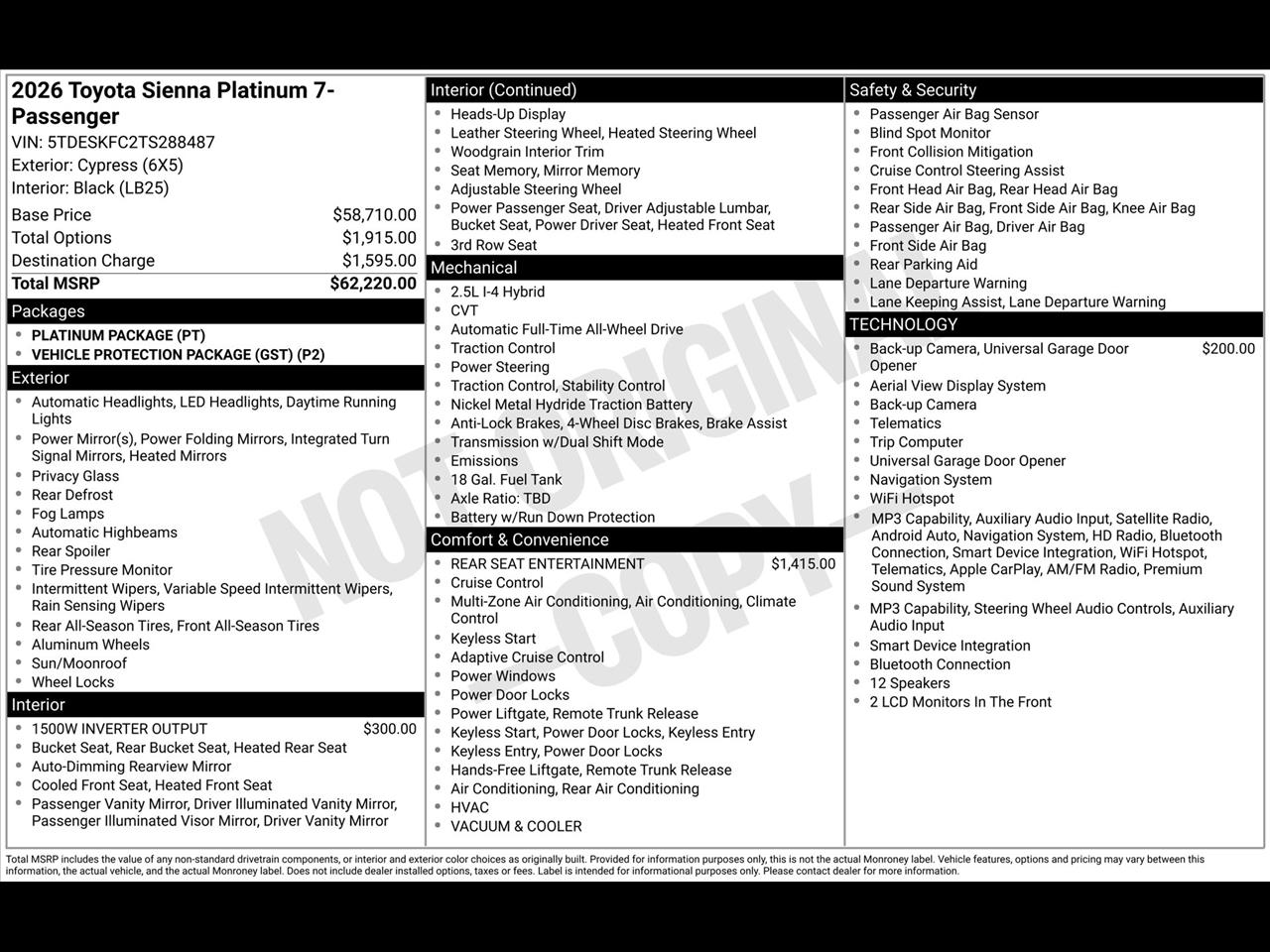 Toyota Sienna Platinum 7-Passenger AWD 2026