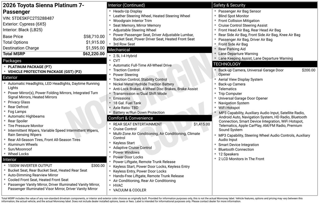 Toyota Sienna Platinum 7-Passenger AWD 2026