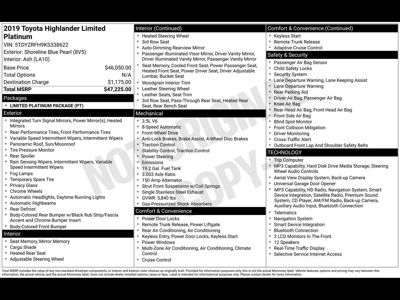 Toyota Highlander Limited Platinum FWD V6 2019