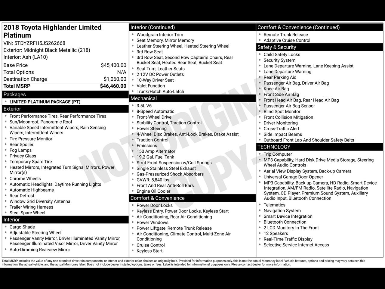 Toyota Highlander Limited Platinum FWD V6 2018