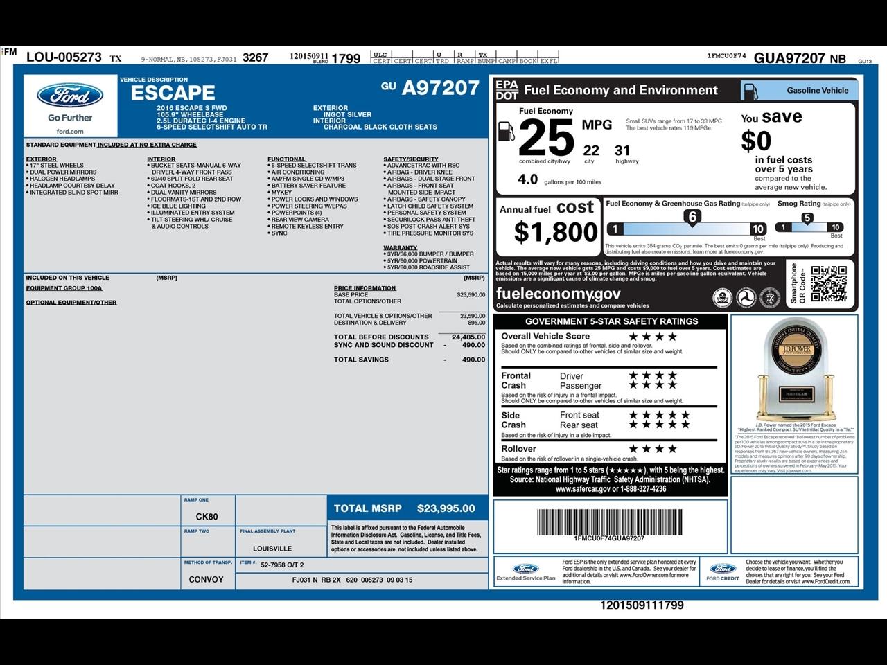 Ford Escape S FWD 2016