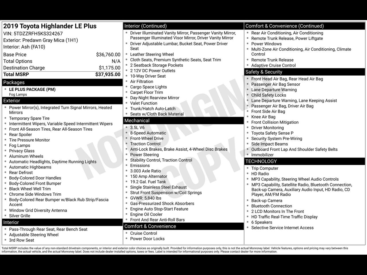 Toyota Highlander LE Plus FWD V6 2019