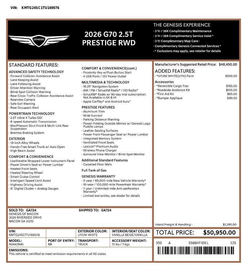 Genesis G80 2.5T Prestige 2026