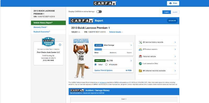 Buick LaCrosse Premium Package 2, w/Leather 2013