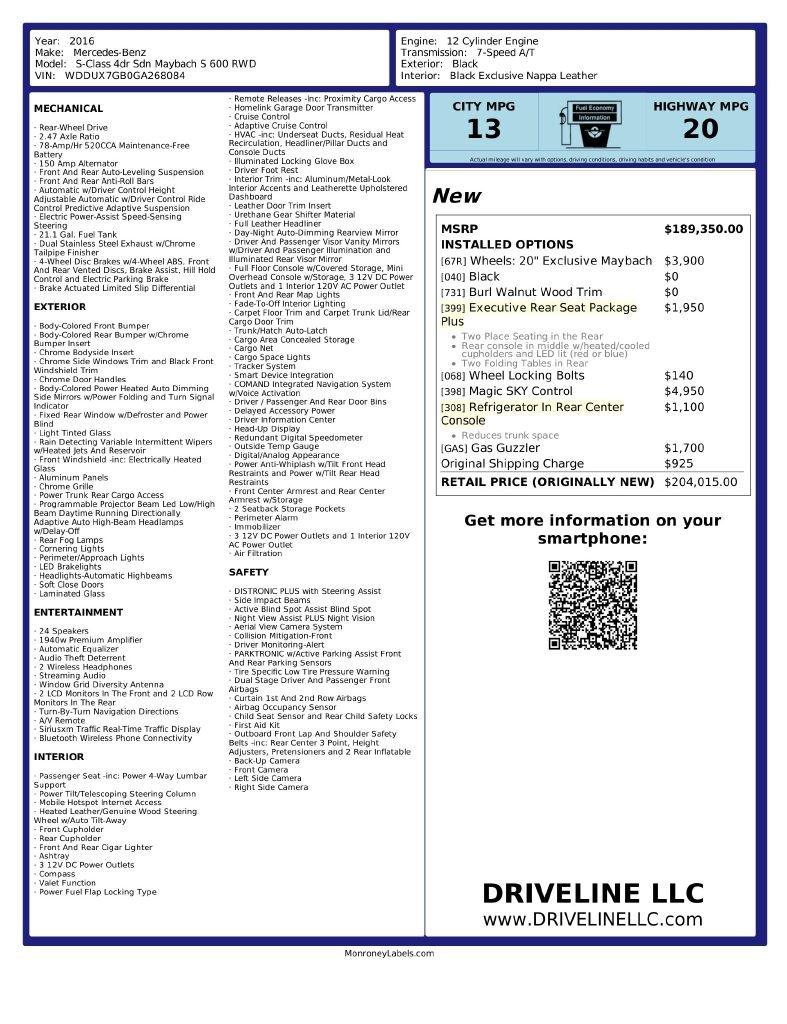 Mercedes-Benz S-Class 4dr Sdn Maybach S 600 RWD 2016