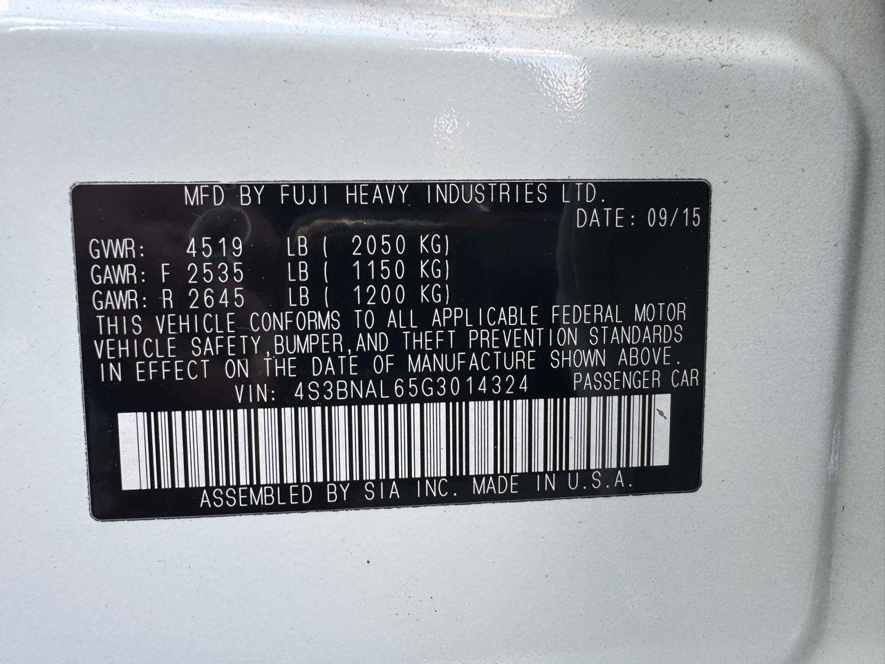 Subaru Legacy 4dr Sdn 2.5i Limited PZEV 2016