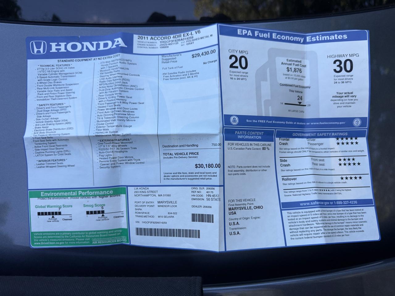 Honda Accord EX-L V-6 Sedan AT 2011
