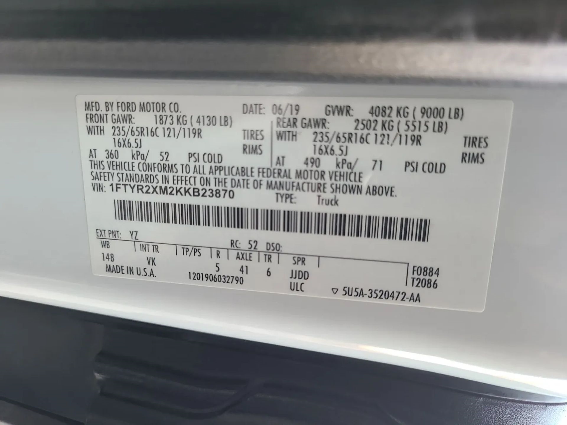 Ford Transit Van T-250 148" Hi Rf 9000 GVWR Sliding RH Dr 2019