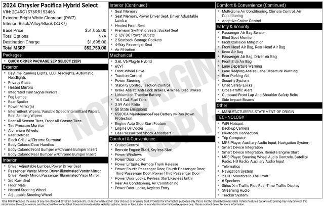 Chrysler Pacifica Hybrid Select 2024