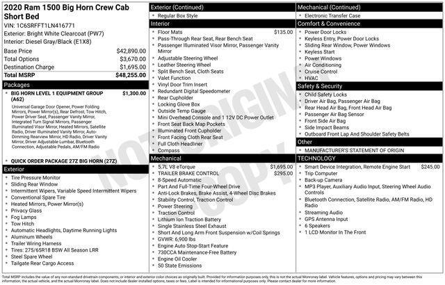 RAM 1500 Big Horn Crew Cab SWB 4WD 2020