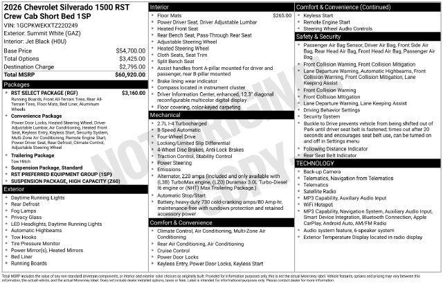Chevrolet Silverado 1500 RST Select Package Crew Cab 4WD 2026