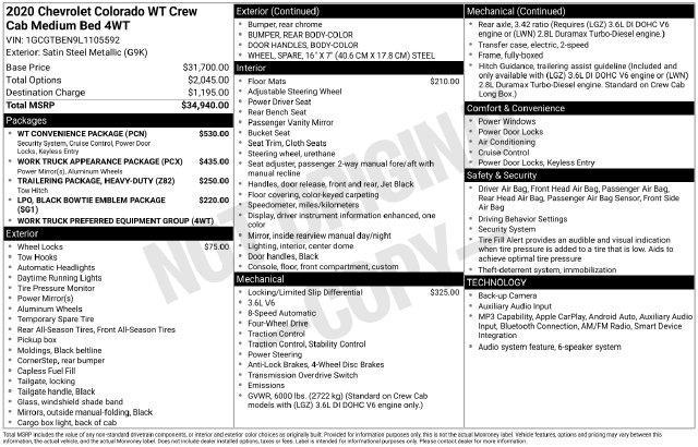 Chevrolet Colorado Work Truck Crew Cab 4WD Long Box 2020