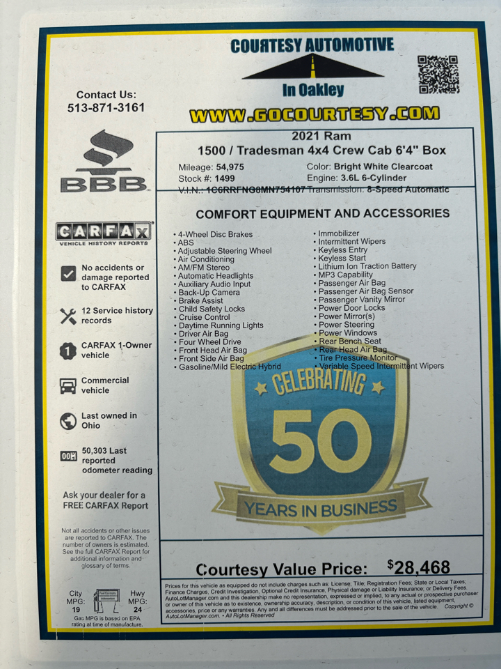 RAM 1500 Tradesman 4x4 Crew Cab 6'4" Box 2021