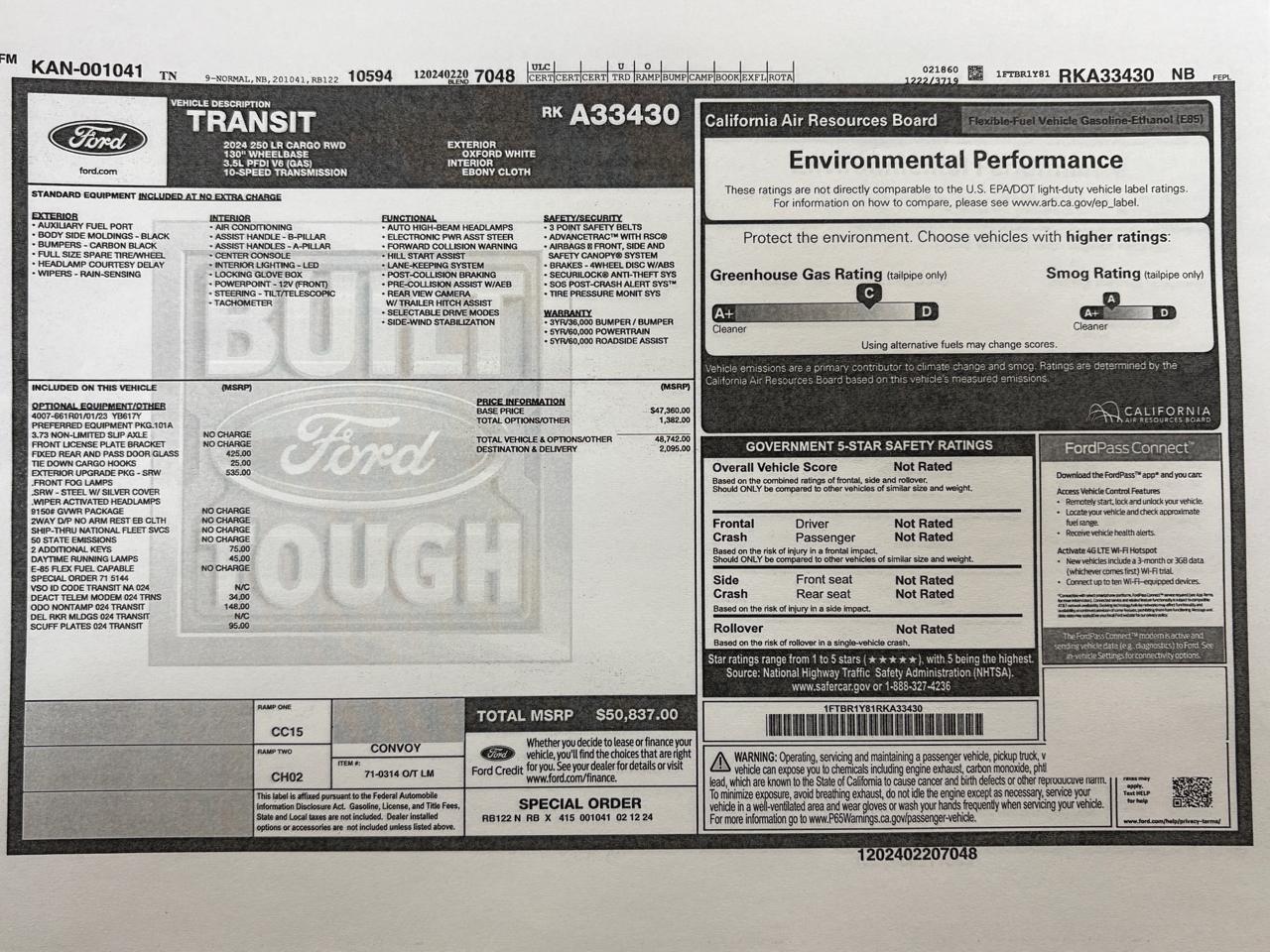 Ford Transit Cargo Van T-250 130" Low Rf 9070 GVWR RWD 2024