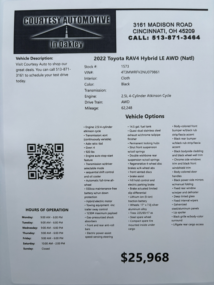 Toyota RAV4 Hybrid LE AWD (Natl) 2022