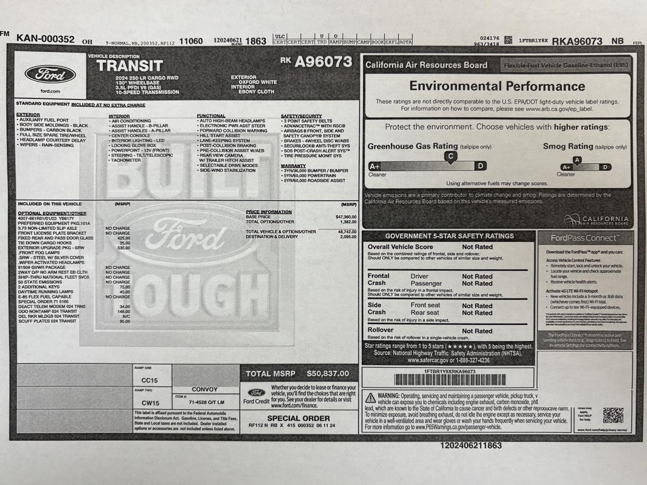 Ford Transit Cargo Van T-250 130" Low Rf 9070 GVWR RWD 2024